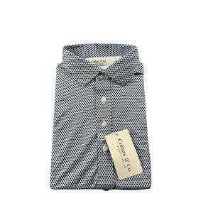 Collars & Co. Blue White Square Geometric Dress Collar Polo Size L NWT